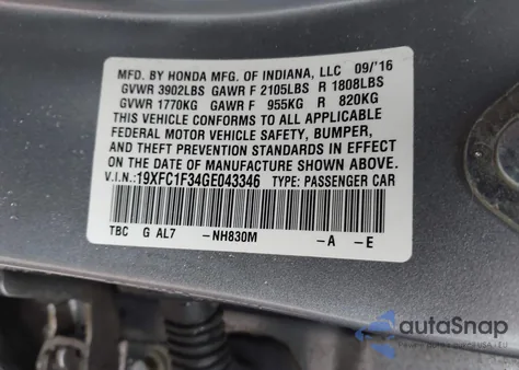 2016 Honda Civic Ex-T z USA, uszkodzony, nr VIN 19XFC1F34GE043346